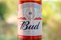 Fragment of Budweiser Bud beer bottle on a green trees background Royalty Free Stock Photo