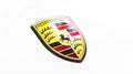 Porsche brand logo on a white car background, emblem, symbol close-up