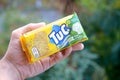 Tuc snack pack in male hand on a green trees background