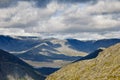 Khibiny Mountains. Tundra landscape. Cloudy sky