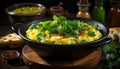 khichdi with garnishing of coriander leaf in black bowl generative AI Royalty Free Stock Photo