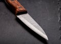 Khife with wooden handle on a plate of slate on a black background. Selective focus Royalty Free Stock Photo