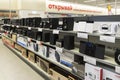 Khimki, Russia - December 22 2015. Speakers in Mvideo large chain stores selling electronics and household appliances
