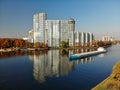 Khimki, Russia - October 17. 2018. cargo ship Volgo-Don sailing along Moscow Canal near residential complex Mayak