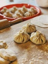 Khinkali on a tray: a traditional Georgian dish with meat