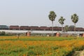 Khirai, West Bengal/India - January 1, 2020: Beautiful landscape of flower farming field and cargo train leaving on a over bridge