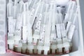 KhMAO-Yugra, Russia-09.06.2020: Empty sterile test tubes for blood analysis. Research for antibodies to coronavirus. Work in the