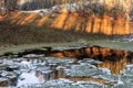 Mountain lake in autumn Caucasus mountain forest at sunset. Beautiful scenic snow landscape with water reflections and long sunset Royalty Free Stock Photo