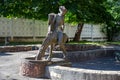 Khmelnitsky. Ukraine. June 10, 2020. Monument to Baron Munchausen in the courtyard of the house