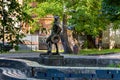 Khmelnitsky. Ukraine. June 10, 2020. Monument to Baron Munchausen in the courtyard of the house