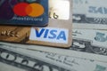 VISA and Mastercard credit card with american dollars Royalty Free Stock Photo