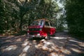 Khmelnytskyi, Ukraine - September 16, 2023: Volkswagen Transporter 1982 classic German van. Red and white. Restored in good