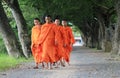 Khmer monks walking on street at morning in Angiang, Vietnam