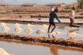 People harvesting salt manually in the famous salt fields of Kampot, Cambodia