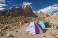 Khobutse camp in front of Trango tower family mountain, Karakoram range, K2 base camp trek, Pakistan Royalty Free Stock Photo