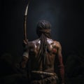 A Khoisan bushman from the back with bow at nigh