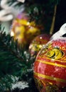 Khokhloma balls on a Christmas tree in Russia