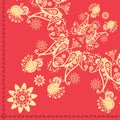 Khokhloma pattern. Fragment of shawl with yellow paisley, peacocks and flowers on bright red background.