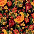 Khokhloma seamless pattern with berries, leaves and birds on black background