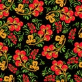 Khokhloma seamless pattern with berries and leaves on black background