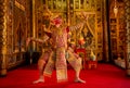 Khon or traditional Thai classic masked from the Ramakien monkey and red giant characters action of dance in front of Thai