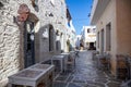 Khora, Kythnos island, Greece. Traditional whitewashed buildings and shops
