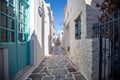 Khora, Kythnos island, Greece. Traditional whitewashed buildings and shops
