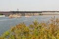 Khortytsia island, Dnieper River and hydroelectric power plant. Zaporizhia, Ukraine