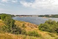 Khortytsia island, Dnieper River and hydroelectric power plant. Zaporizhia, Ukraine Royalty Free Stock Photo