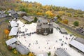 Khortytsya island, Ukrainian city Zaporizhzhia,Ukraine, Defender Day. Old wooden vintage church Zaporozhye Cossacks. Drone view