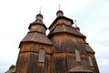 Khortytsya island, Ukrainian city Zaporizhzhia, Ukraine, Defender Day. Old wooden vintage church of Zaporozhye Cossacks