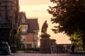 Khryashchevka, Russia, July 17, 2020, Garibaldi castle, statue at stone castle, half-timbered house, woman on the path