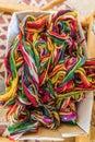 Colorful yarn being used in weaving at the Arbob Cultural Palace in Khujand