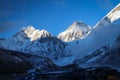 Khumbutse and Changtse mountain peaks in Himalayas at sunset