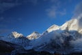 Khumbutse and Changtse mountain peaks in Himalayas at sunset