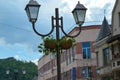 Streetlights on a main square in Khust, Ukraine on May 3, 2016.