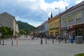 Walking on fully rebuilt square in Khust, Ukraine on May 3, 2016.