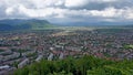 Khust (Ukraine) - panoramic city view. and dark clouds before the storm and mountains behind on the background Royalty Free Stock Photo