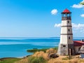 Khutor Merzhanovo, Rostov region, Russia - August 3, 2020: lighthouse on the shore of the Sea of Azov