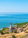 Khutor Merzhanovo, Rostov region, Russia - August 3, 2020: lighthouse on the shore of the Sea of Azov