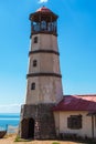 Khutor Merzhanovo, Rostov region, Russia - August 3, 2020: lighthouse on the shore of the Sea of Azov on a sunny day