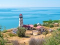 khutor Merzhanovo, Rostov region, Russia - August 3, 2020: lighthouse on the shore of the Sea of Azov