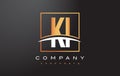 KI K I Golden Letter Logo Design with Gold Square and Swoosh.