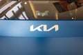 Kia Logo on cap, blue electric Kia EV9 GT-Line close-up, innovation in design, car exterior, automobile details, technological Royalty Free Stock Photo