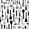 Kichen utencils and cutlery seamless pattern. Doodle outline cooking and baking illustration.