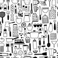 Kichen utencils and cutlery seamless pattern. Doodle outline cooking and baking illustration.