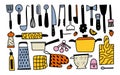 Kichen utencils and cutlery set. Doodle outline cooking and baking illustration.