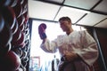 Kick boxer wearing gloves Royalty Free Stock Photo