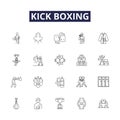 Kick boxing line vector icons and signs. Pummeling, Striking, Punching, Sparring, Jabbing, Kicking, Uppercuts, Knocking