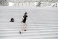 Kick feet up and go. Energetic woman climb stairs outdoors. Active life. Freedom from care. Free and carefree. Freedom Royalty Free Stock Photo